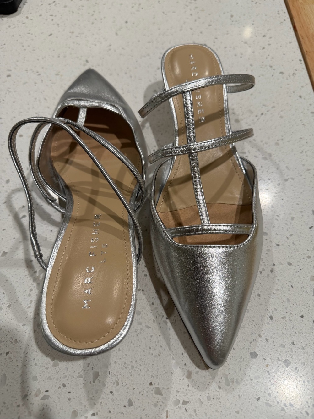Marc Fisher Metallic Silver Pointed Strappy Mules